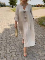 👗50% rabatt✨Lässiges Kleid mit V-Ausschnitt aus Baumwolle und Leinen