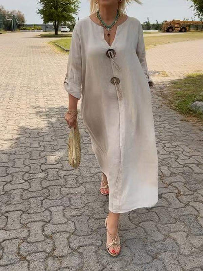 👗50% de descuento✨Vestido casual de cuello en V en algodón y lino
