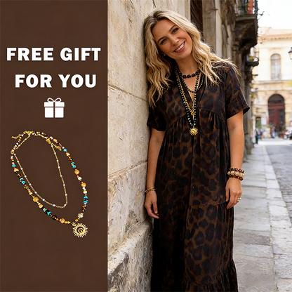💞👗Damen V-Ausschnitt Leopard Druck Maxi Kleid mit kostenloser Halskette📿💎