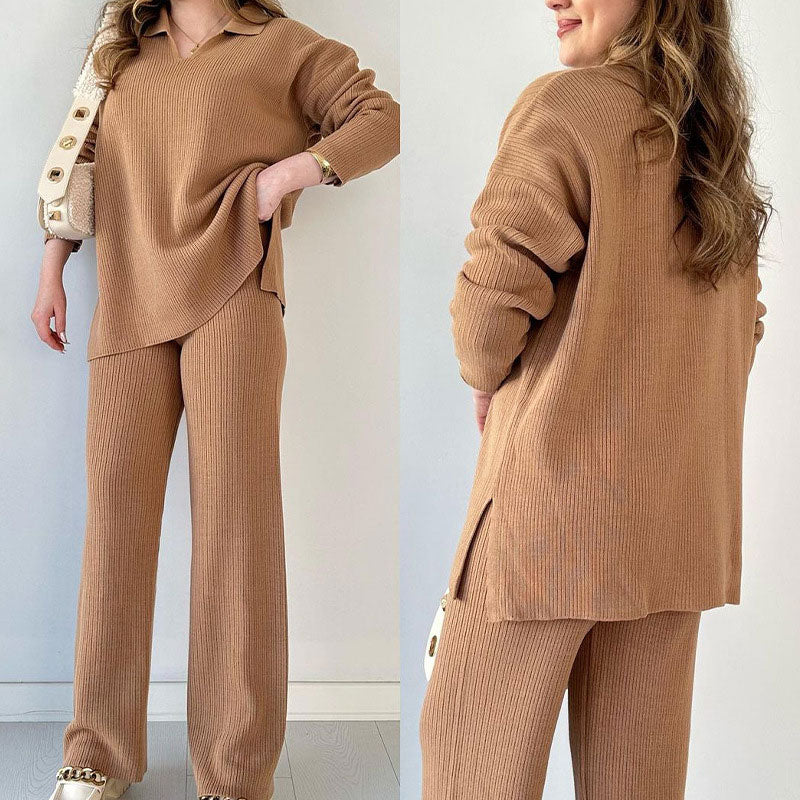 🎁🧥Zweiteiliges Set mit V-Ausschnitt und Schlitz aus Strick 📦Freie Lieferung📦