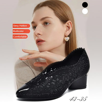 👡Zapatillas de malla con cristales y tacón grueso.