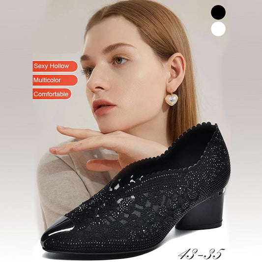 👡Zapatillas de malla con cristales y tacón grueso.