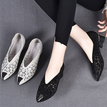👡Zapatillas de malla con cristales y tacón grueso.
