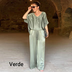 Elegantes Glänzendes zweiteiliges Set mit V-Ausschnitt in Übergröße
