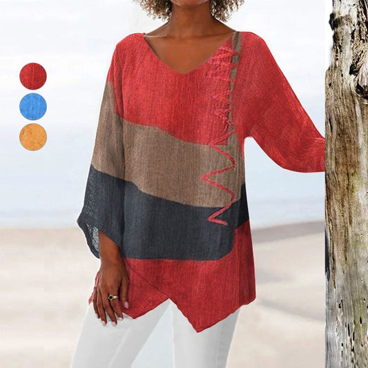 💖Nueva oferta 2025💖💃Elegante blusa informal con cuello en V y manga larga con estampado artístico para mujer