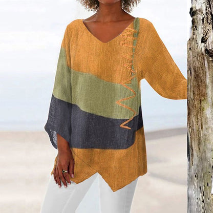 💖2025 Neues Angebot💖💃Elegantes lässiges V-Ausschnitt Langarm Kunstmuster bedrucktes Top für Damen