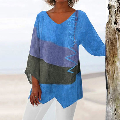 💖2025 Neues Angebot💖💃Elegantes lässiges V-Ausschnitt Langarm Kunstmuster bedrucktes Top für Damen