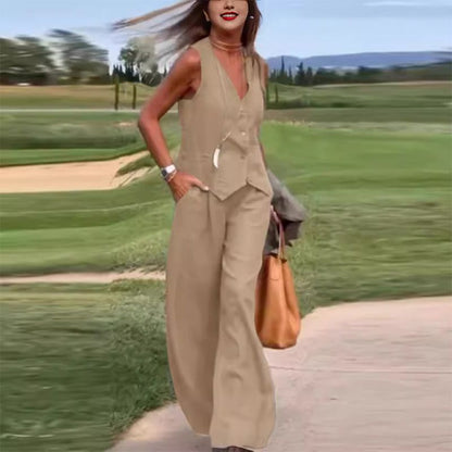 🔥Conjunto de 2 piezas de chaleco con botones delanteros de color sólido y pantalones de pierna ancha para mujer