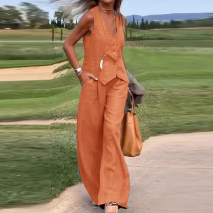 🔥Conjunto de 2 piezas de chaleco con botones delanteros de color sólido y pantalones de pierna ancha para mujer
