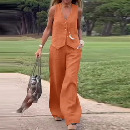 🔥Conjunto de 2 piezas de chaleco con botones delanteros de color sólido y pantalones de pierna ancha para mujer