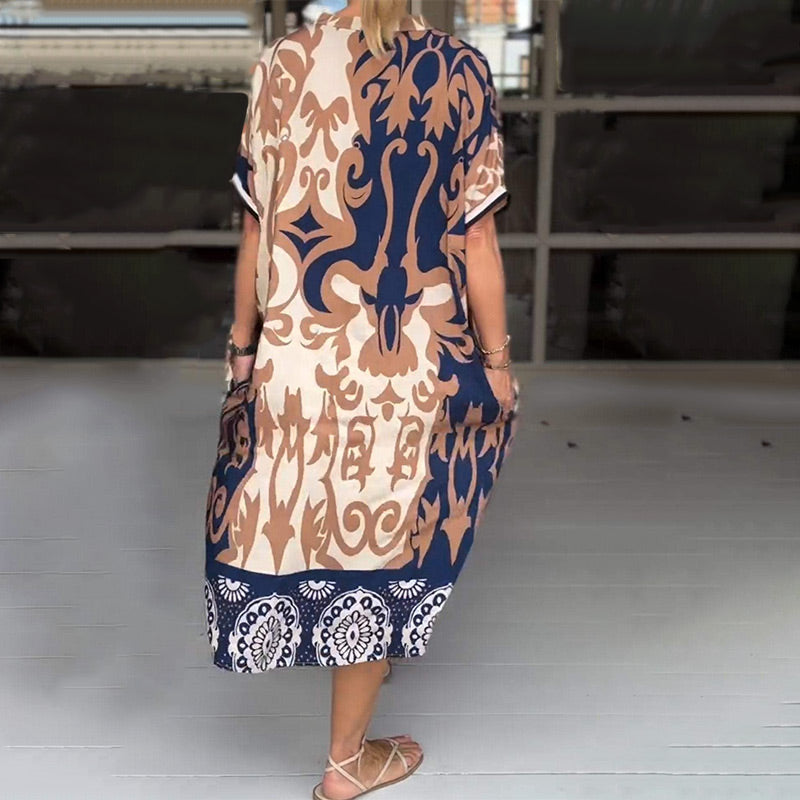 49% Rabatt👗 Bedrucktes, lockeres Midikleid mit V-Ausschnitt