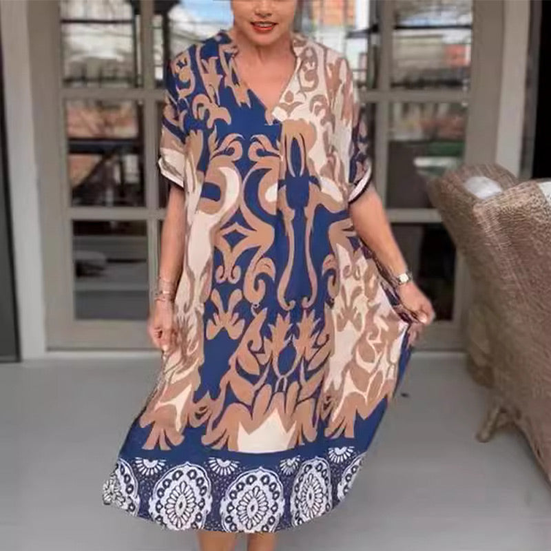 49% Rabatt👗 Bedrucktes, lockeres Midikleid mit V-Ausschnitt
