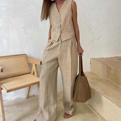 Lässiges 2-teiliges Set für Damen, ärmellose Weste mit V-Ausschnitt und Hose mit weitem Bein