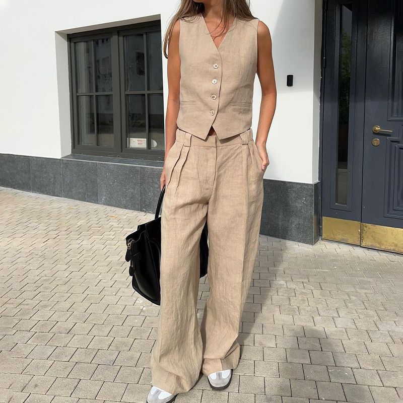 Lässiges 2-teiliges Set für Damen, ärmellose Weste mit V-Ausschnitt und Hose mit weitem Bein