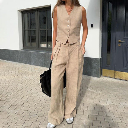 Lässiges 2-teiliges Set für Damen, ärmellose Weste mit V-Ausschnitt und Hose mit weitem Bein