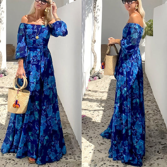 Elegante, sin hombro, fluido, vestido largo con presión floral para mujeres