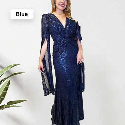 👑Königin der Party✨Paillettenbesetztes Abendkleid mit V-Ausschnitt und plissiertem Saum