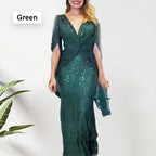 👑Königin der Party✨Paillettenbesetztes Abendkleid mit V-Ausschnitt und plissiertem Saum