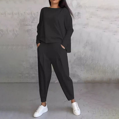 🔥Conjunto de 2 piezas de top y pantalón con cuello redondo y mangas largas