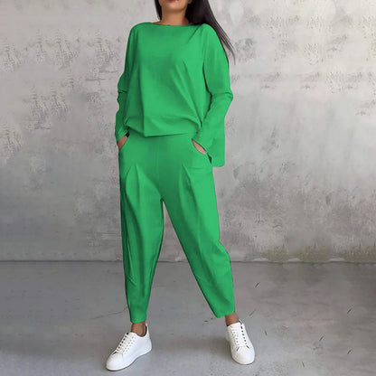 🔥Conjunto de 2 piezas de top y pantalón con cuello redondo y mangas largas