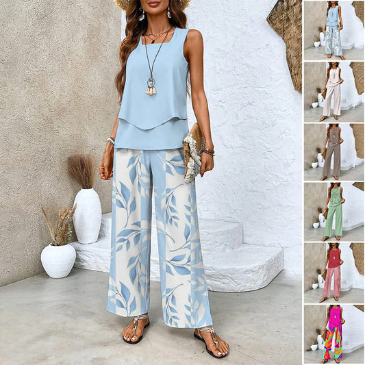 🔥50% DE DESCUENTO🌺Conjuntos de dos piezas de moda para mujer con top sin mangas estampado y pantalones