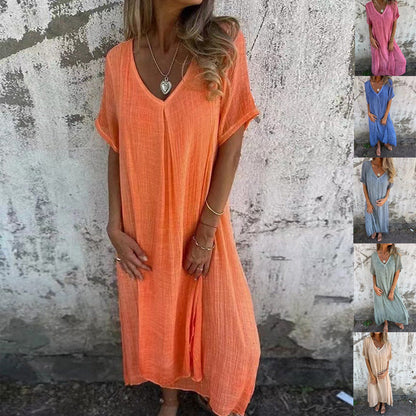 🔥LETZTER TAG DES VERKAUFS 49 % RABATT🔥 Damenlockeres V-Ausschnitt-Kleid aus Baumwoll-Leinen