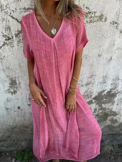🔥LETZTER TAG DES VERKAUFS 49 % RABATT🔥 Damenlockeres V-Ausschnitt-Kleid aus Baumwoll-Leinen