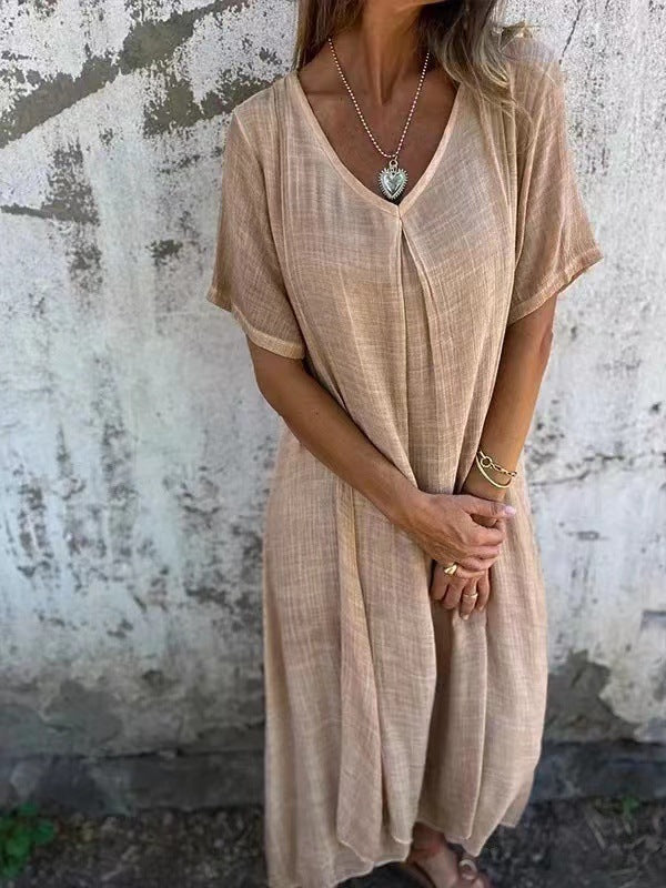 🔥LETZTER TAG DES VERKAUFS 49 % RABATT🔥 Damenlockeres V-Ausschnitt-Kleid aus Baumwoll-Leinen