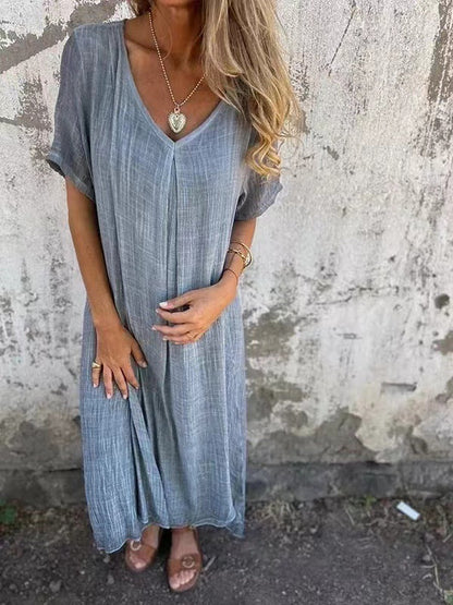 🔥LETZTER TAG DES VERKAUFS 49 % RABATT🔥 Damenlockeres V-Ausschnitt-Kleid aus Baumwoll-Leinen