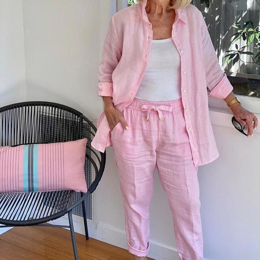🌿 Nuevo lanzamiento en primavera 🌿 Conjunto de blusa y pantalón de manga larga de algodón y lino para mujer