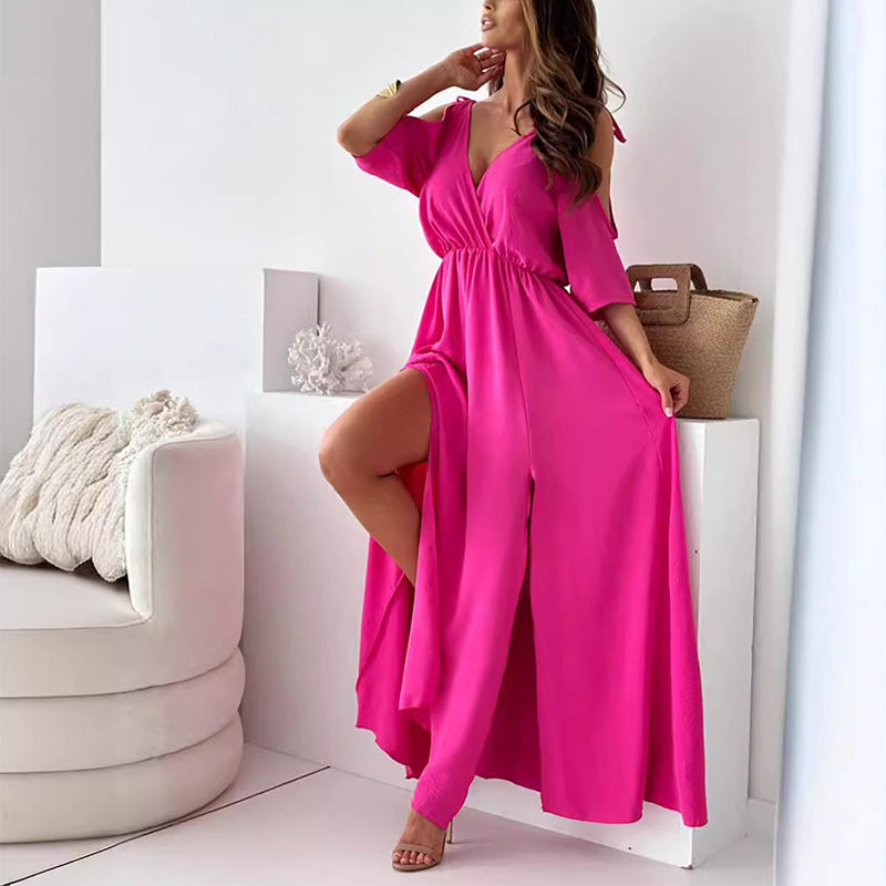 💯Elegante y sexy vestido con escote en V y abertura lateral para mujer.
