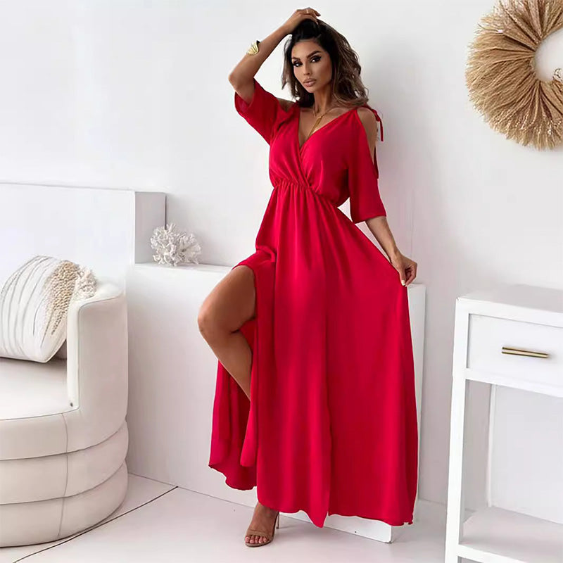 💯Elegante y sexy vestido con escote en V y abertura lateral para mujer.