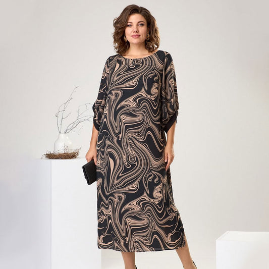 🍂Especiales de otoño🍂Vestido largo de manga tres cuartos con estampado de mármol