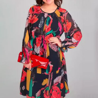 Vestido ligero de manga larga con un escote circular y un patrón de flores