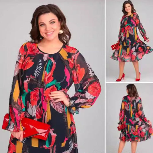 Vestido ligero de manga larga con un escote circular y un patrón de flores