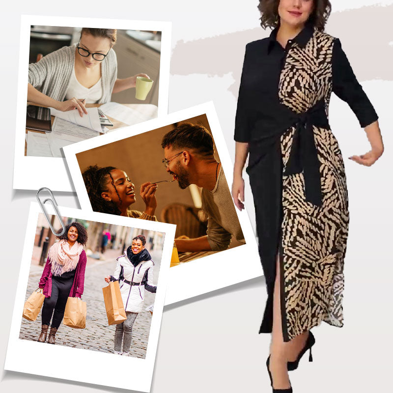 👗Kleid mit 3/4-Ärmeln, Farbblock-Print, Revers und Schlitz👗