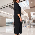 👗Kleid mit 3/4-Ärmeln, Farbblock-Print, Revers und Schlitz👗