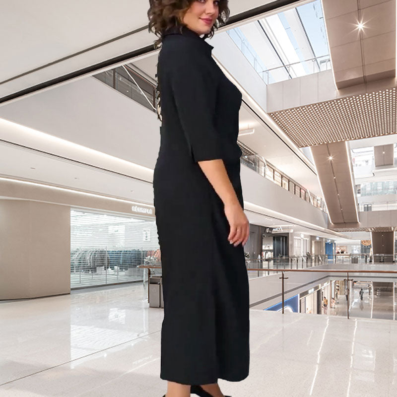 👗Kleid mit 3/4-Ärmeln, Farbblock-Print, Revers und Schlitz👗