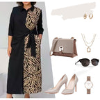 👗Kleid mit 3/4-Ärmeln, Farbblock-Print, Revers und Schlitz👗