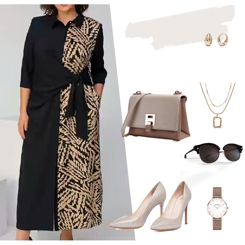 👗Kleid mit 3/4-Ärmeln, Farbblock-Print, Revers und Schlitz👗