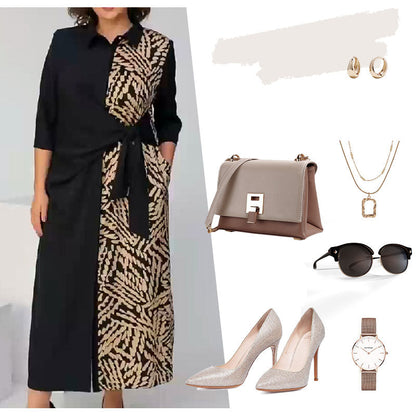 👗Vestido con estampado de bloques de color, mangas 3/4, solapas y abertura👗