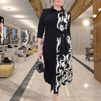 👗Kleid mit 3/4-Ärmeln, Farbblock-Print, Revers und Schlitz👗