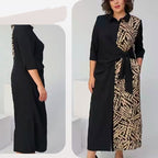 👗Kleid mit 3/4-Ärmeln, Farbblock-Print, Revers und Schlitz👗