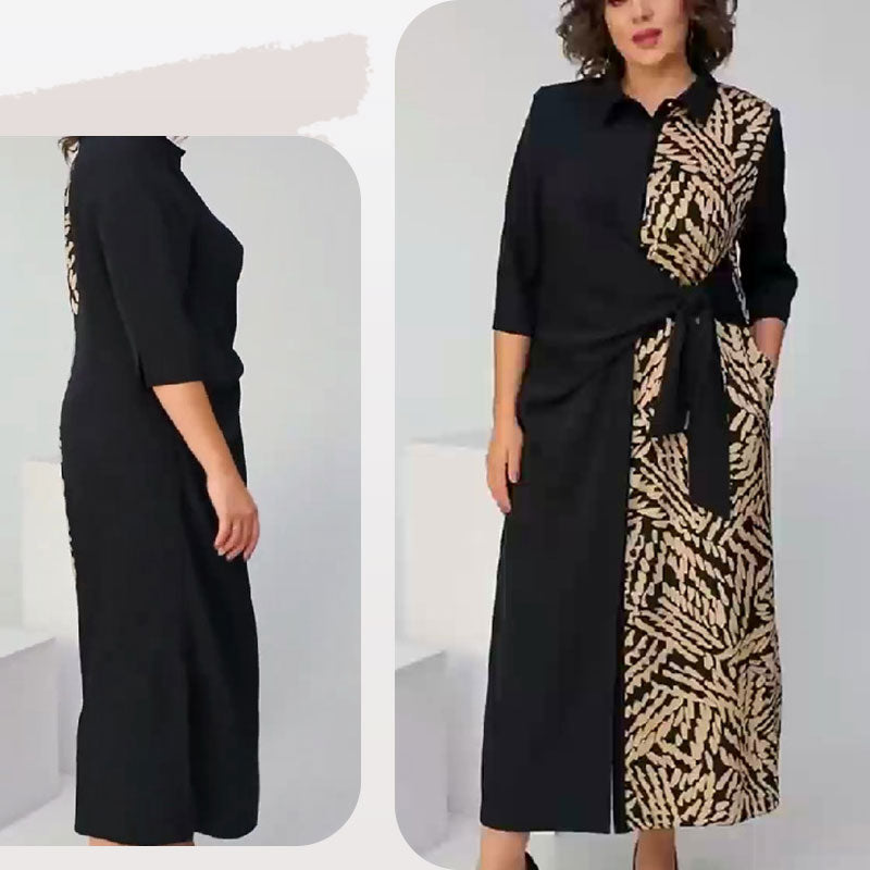 👗Kleid mit 3/4-Ärmeln, Farbblock-Print, Revers und Schlitz👗