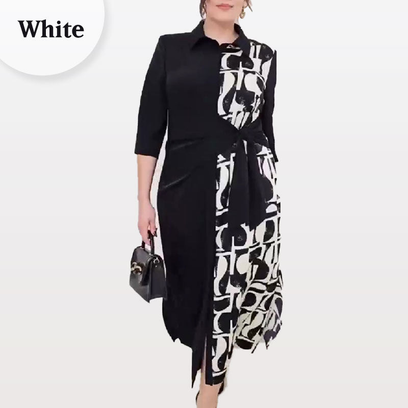 👗Kleid mit 3/4-Ärmeln, Farbblock-Print, Revers und Schlitz👗