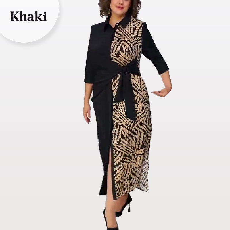 👗Kleid mit 3/4-Ärmeln, Farbblock-Print, Revers und Schlitz👗