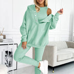 2024 Sportliches Damen Sweatshirt mit Kapuze + Slim Fit Weste + Hose 3er Set