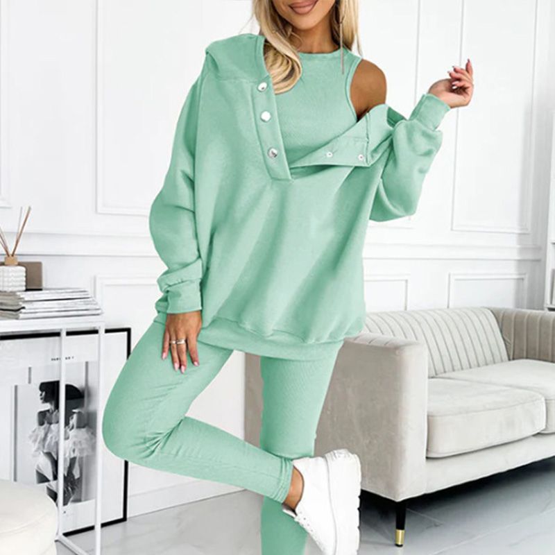 2024 Sportliches Damen Sweatshirt mit Kapuze + Slim Fit Weste + Hose 3er Set