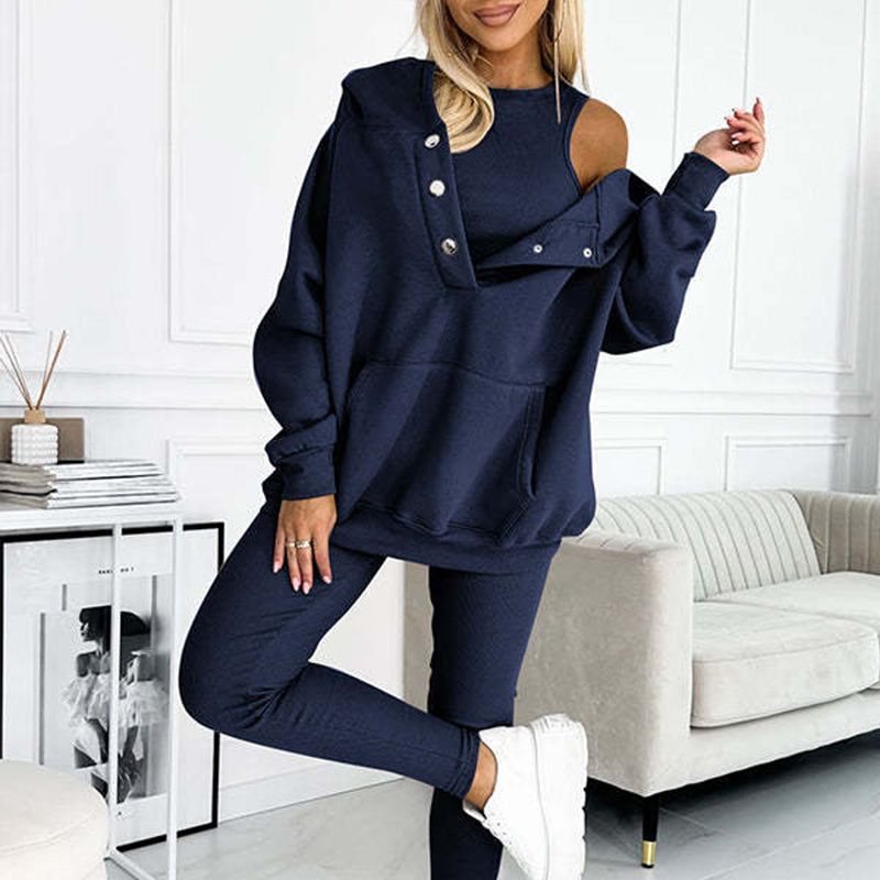 2024 Sportliches Damen Sweatshirt mit Kapuze + Slim Fit Weste + Hose 3er Set