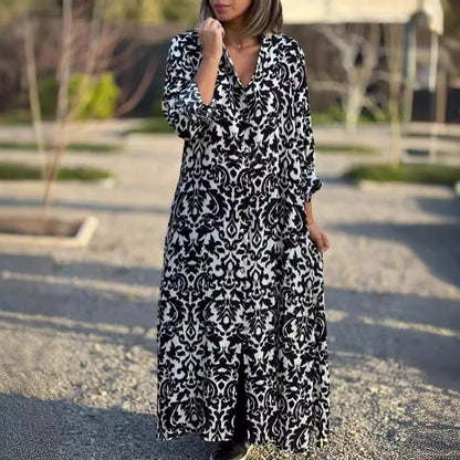 Langärmeliges Kleid mit Revers und Blumendruck für Frauen